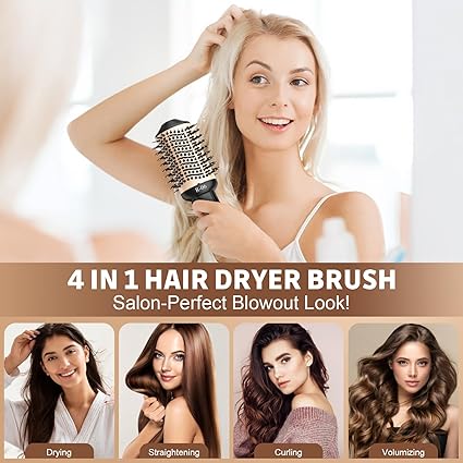 4-in-1 Hair Dryer Brush and Styler, Professional Salon-Quality Hot Air Brush Volumizer with Oval Barrel for All Hair Types – Gold